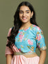 Girl's Aqua Blue Floral Print Crop Top & Lehenga Set With Dupatta